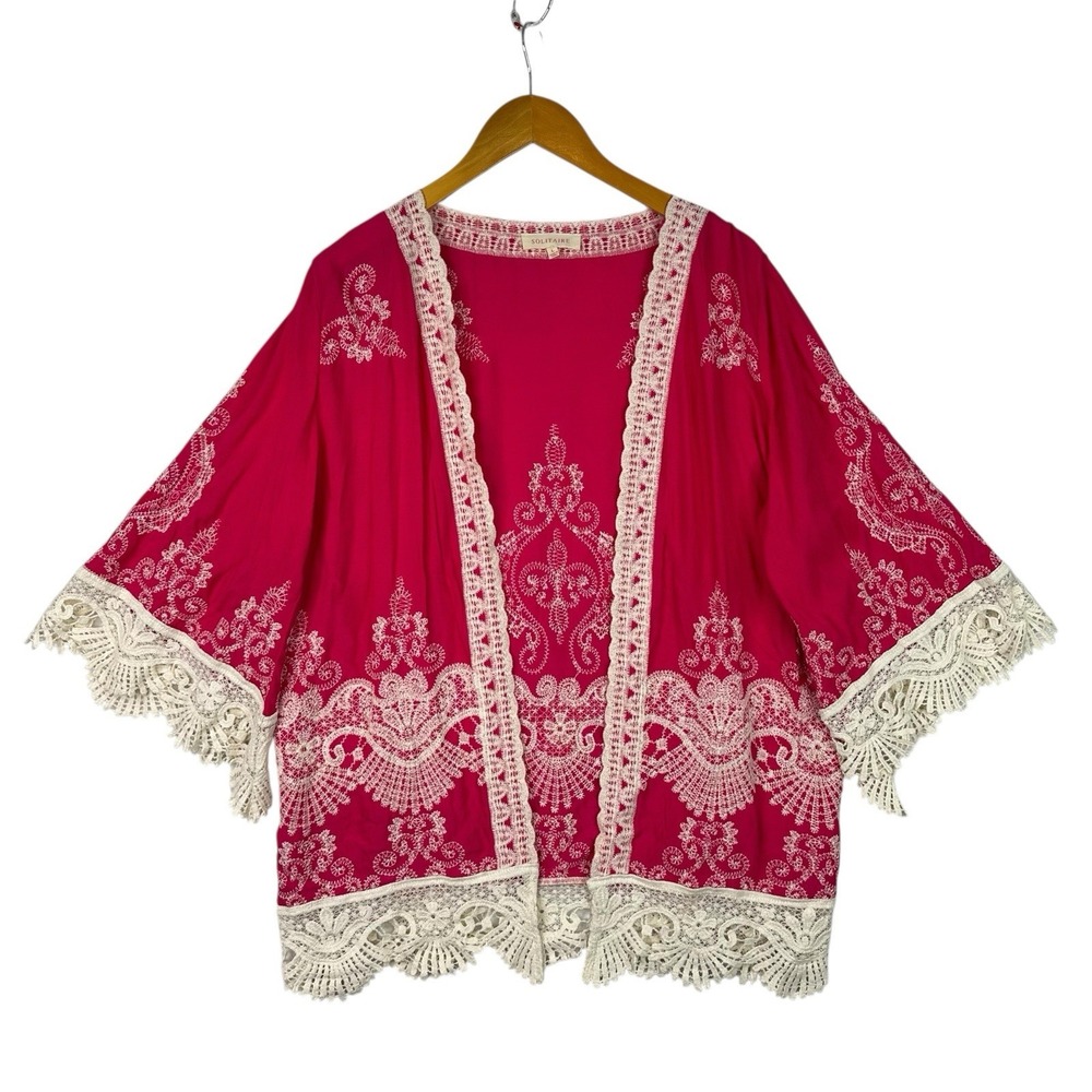 Solitaire Boho‎ Kimono Cardigan Pink Embroidered Lace Trim Open Front Large